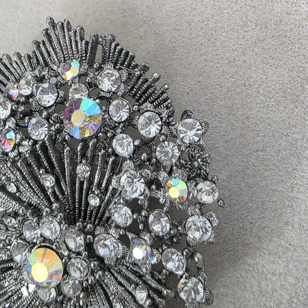 Vintage Silver Starburst Brooch Pin with Crystal Accents